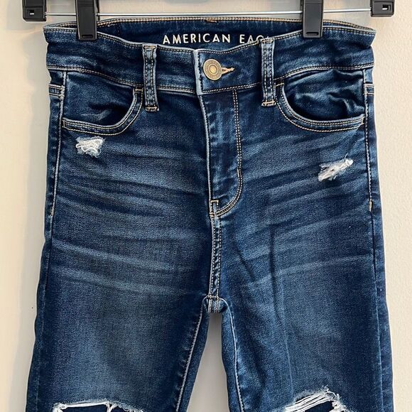 American Eagle Next Level Stretch Jeans Hi-Rise Jegging Dark Destroyed, 0 Short - Picture 3 of 11